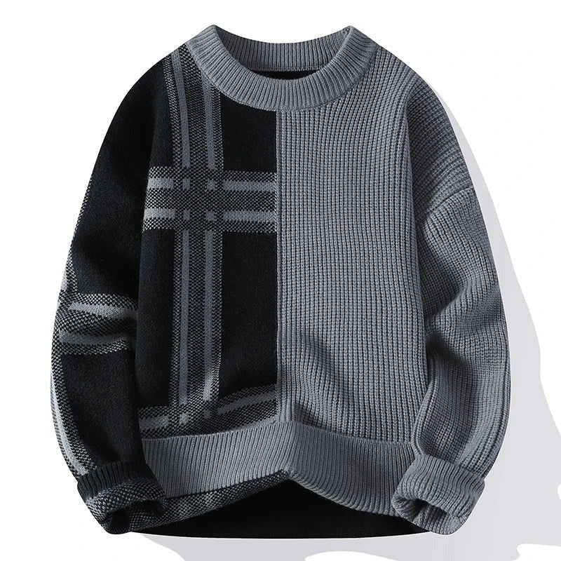 Modern Plaid Patchwork Knit Crew Neck Sweater