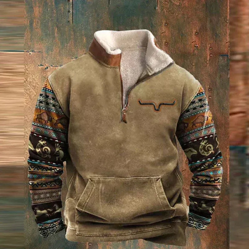 Cloxis Men's Aztec Print Fleece Half-Zip Sweatshirt – Brown & Beige