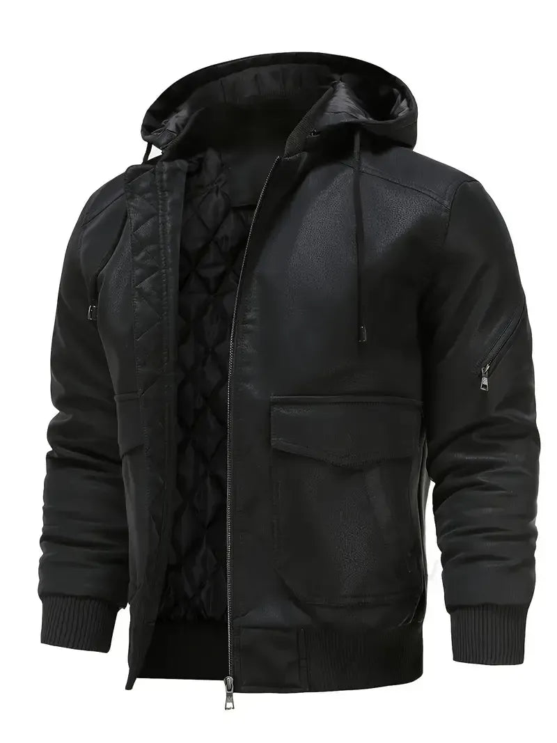 🧥 Premium Men's Hooded Leather Bomber Jacket