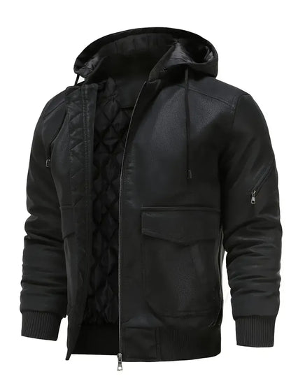 🧥 Premium Men's Hooded Leather Bomber Jacket
