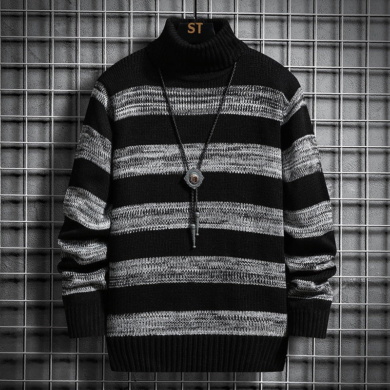 Cloxis Men's Striped Turtleneck Sweater – Black & White Winter Knit