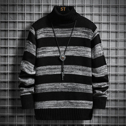 Cloxis Men's Striped Turtleneck Sweater – Black & White Winter Knit