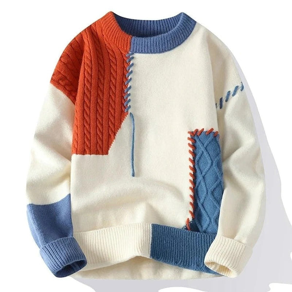 Patchwork Color Block Cable Knit Sweater