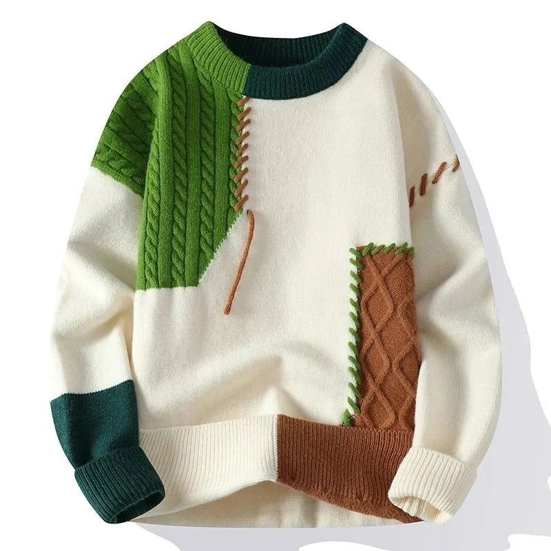 Patchwork Color Block Cable Knit Sweater