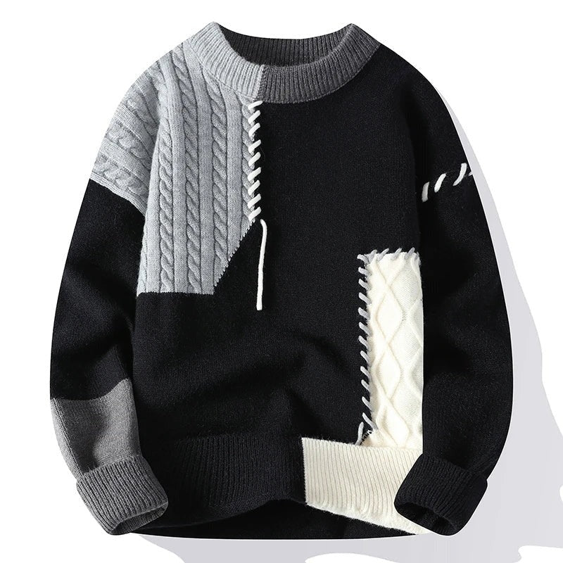 Patchwork Color Block Cable Knit Sweater