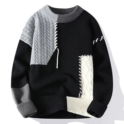 Patchwork Color Block Cable Knit Sweater