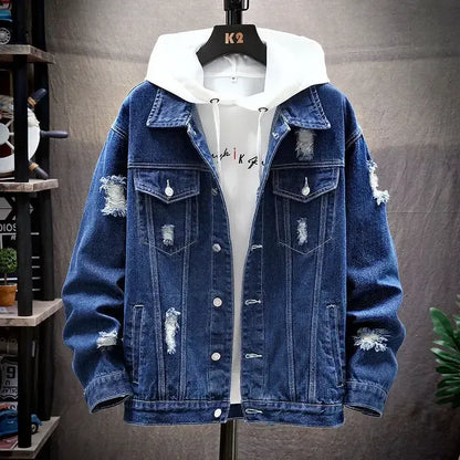 🧥 Men's Premium Distressed Denim Jacket with Hoodie