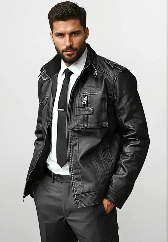 🧥 Premium Men's Black Leather Biker Jacket