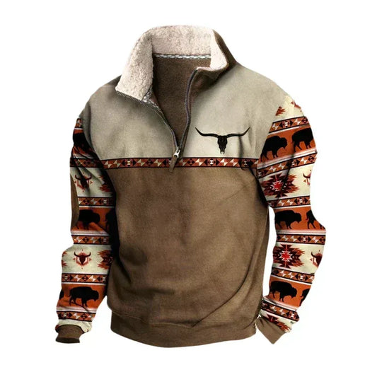 Cloxis Men's Aztec Print Fleece Half-Zip Sweatshirt – Brown & Beige