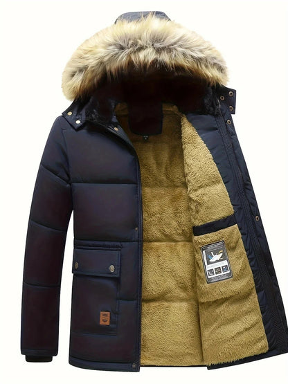 🧥 Premium Men's Fleece-Lined Fur Hood Winter Jacket