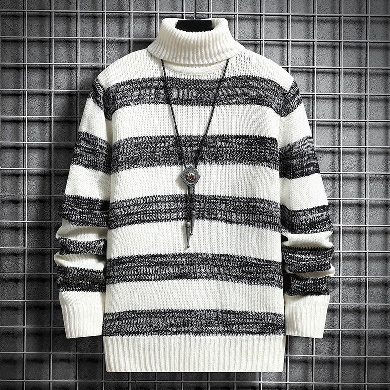 Cloxis Men's Striped Turtleneck Sweater – Black & White Winter Knit