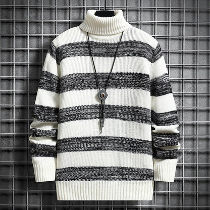 Cloxis Men's Striped Turtleneck Sweater – Black & White Winter Knit