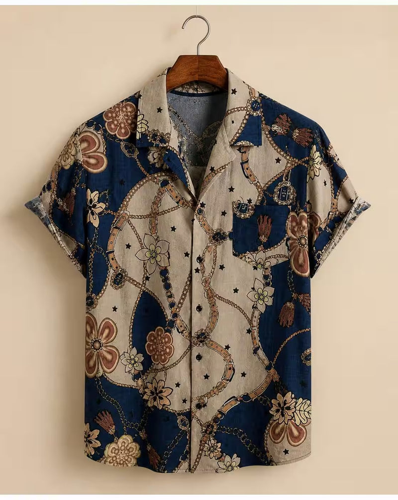 Weartox Men's Premium Navy Blue Floral Chain Print Casual Half Sleeve Shirt