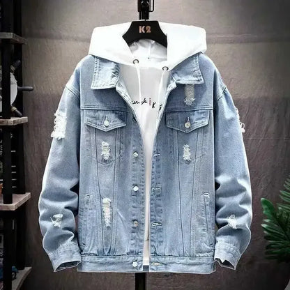 🧥 Men's Premium Distressed Denim Jacket with Hoodie