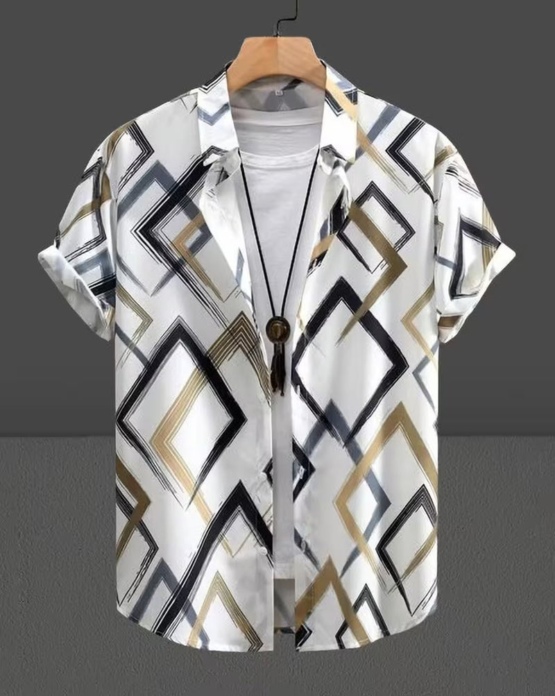 Weartox Men's Premium White Geometric Print Casual Half Sleeve Shirt