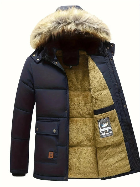 🧥 Premium Men's Fleece-Lined Fur Hood Winter Jacket