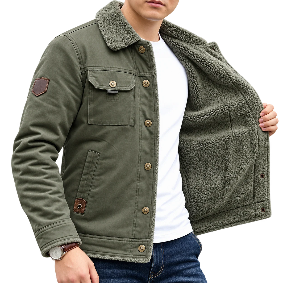 Men’s Olive Green Sherpa-Lined Jacket