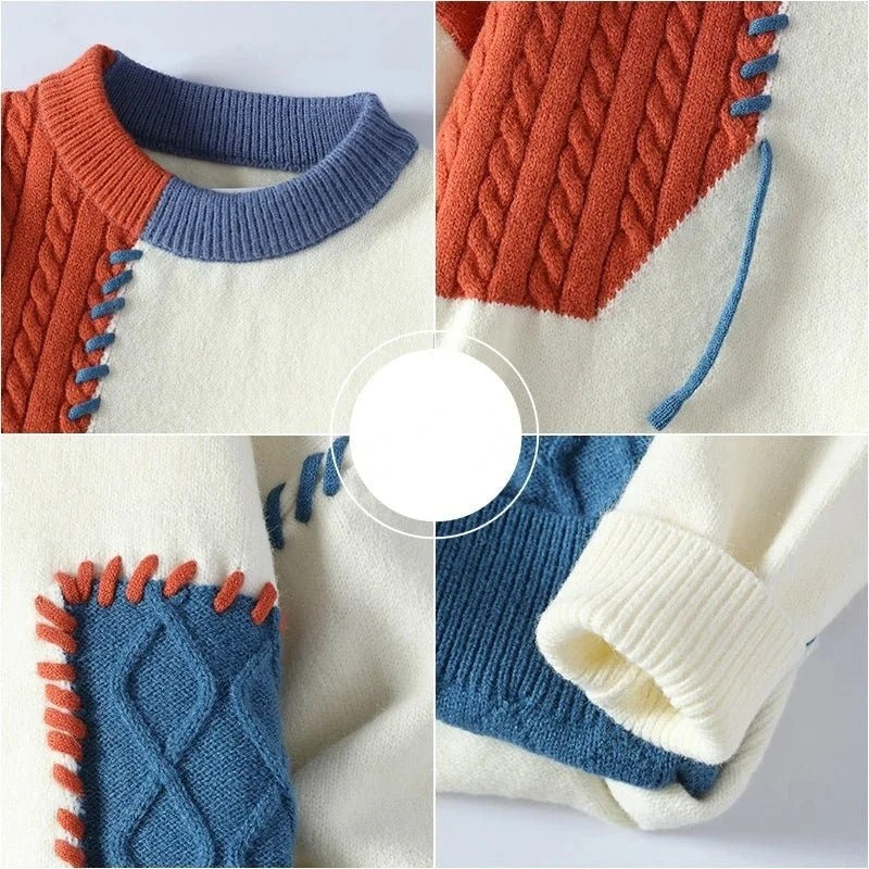 Patchwork Color Block Cable Knit Sweater