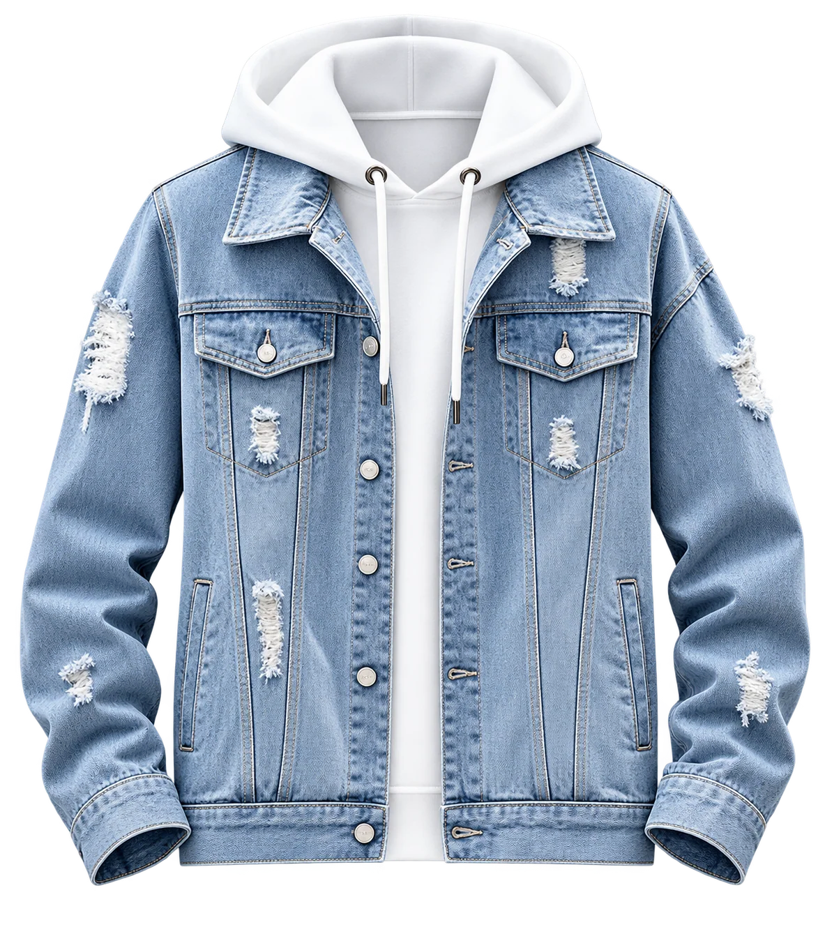 🧥 Men's Premium Distressed Denim Jacket with Hoodie
