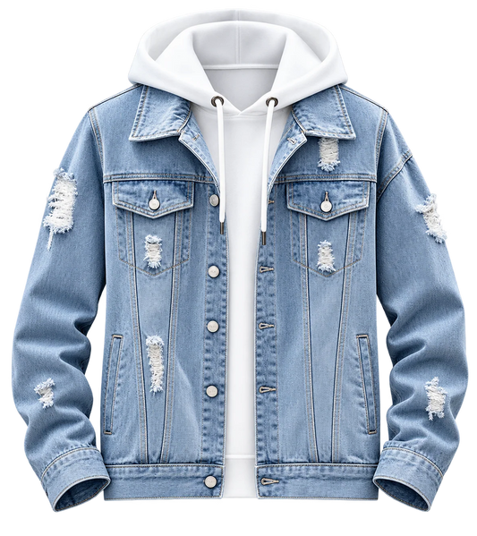 🧥 Men's Premium Distressed Denim Jacket with Hoodie