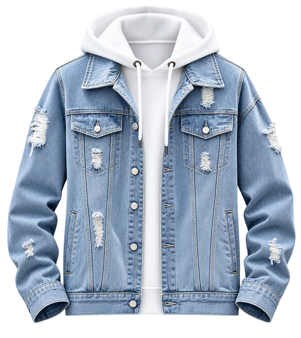 🧥 Men's Premium Distressed Denim Jacket with Hoodie