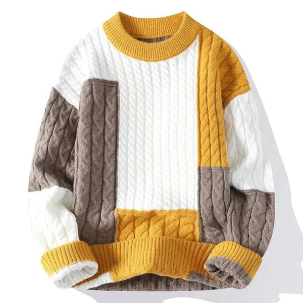 Patchwork Cable Knit Color Block Sweater