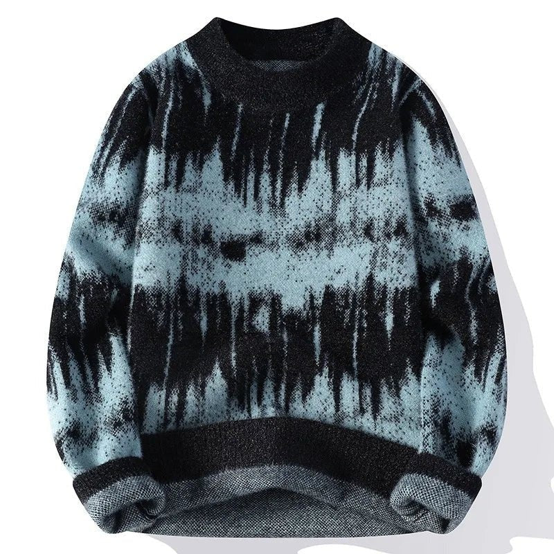 Wave Pattern Knit Crew Neck Sweater