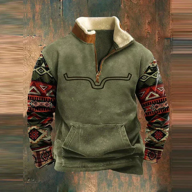 Cloxis Men's Aztec Print Fleece Half-Zip Sweatshirt – Brown & Beige