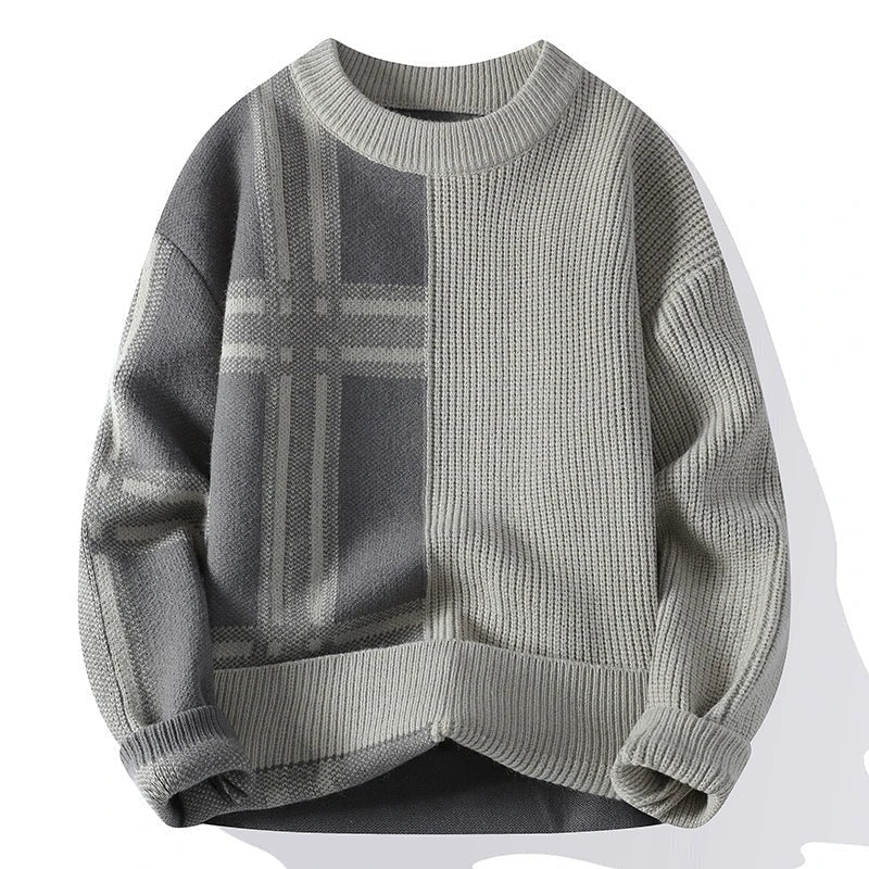 Modern Plaid Patchwork Knit Crew Neck Sweater