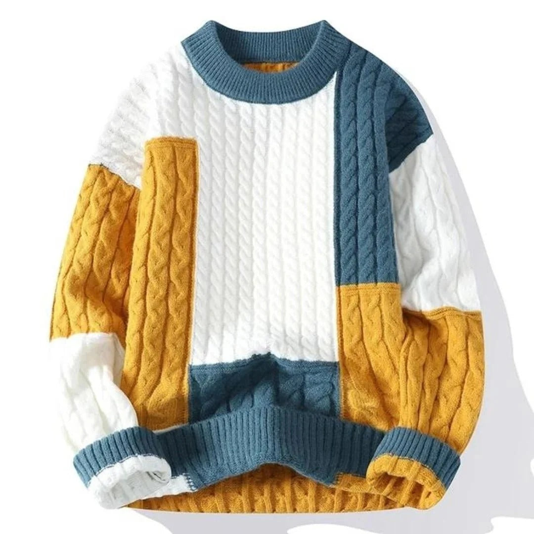 Patchwork Cable Knit Color Block Sweater