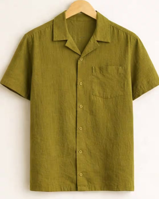 Weartox Men's Olive Green Cuban Collar Casual Half Sleeve Shirt