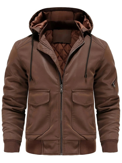 🧥 Premium Men's Hooded Leather Bomber Jacket