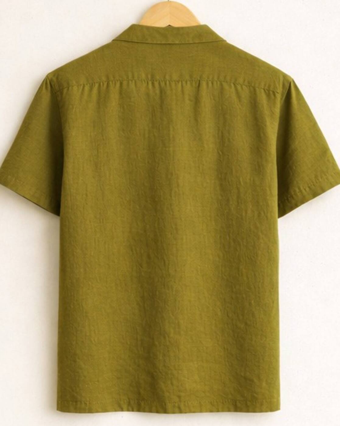 Weartox Men's Olive Green Cuban Collar Casual Half Sleeve Shirt