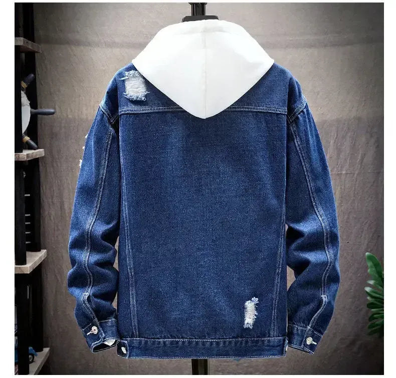 🧥 Men's Premium Distressed Denim Jacket with Hoodie