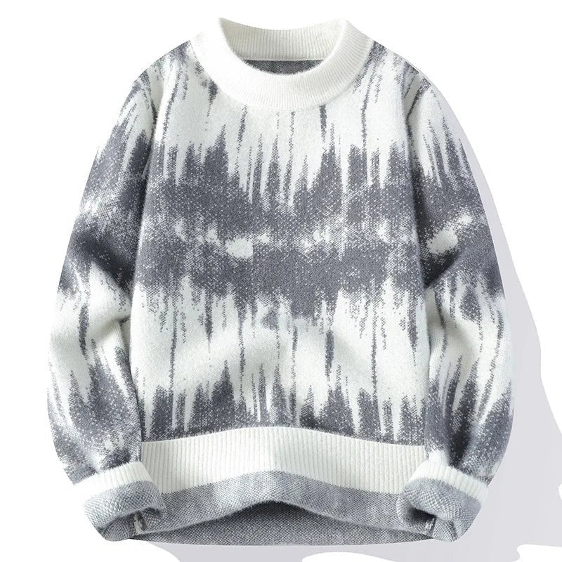 Wave Pattern Knit Crew Neck Sweater