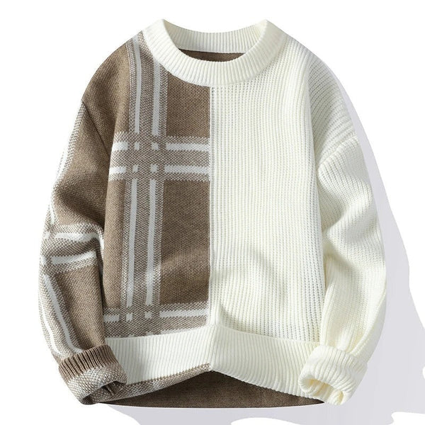 Modern Plaid Patchwork Knit Crew Neck Sweater