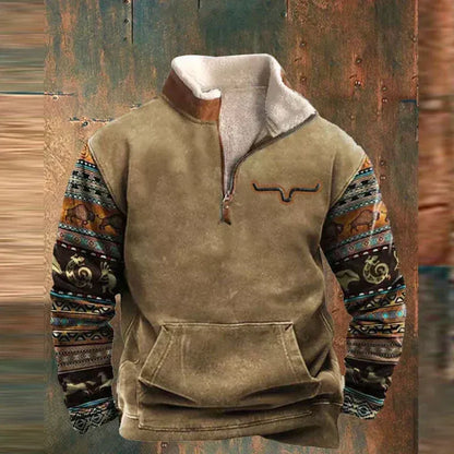 Cloxis Men's Aztec Print Fleece Half-Zip Sweatshirt – Brown & Beige