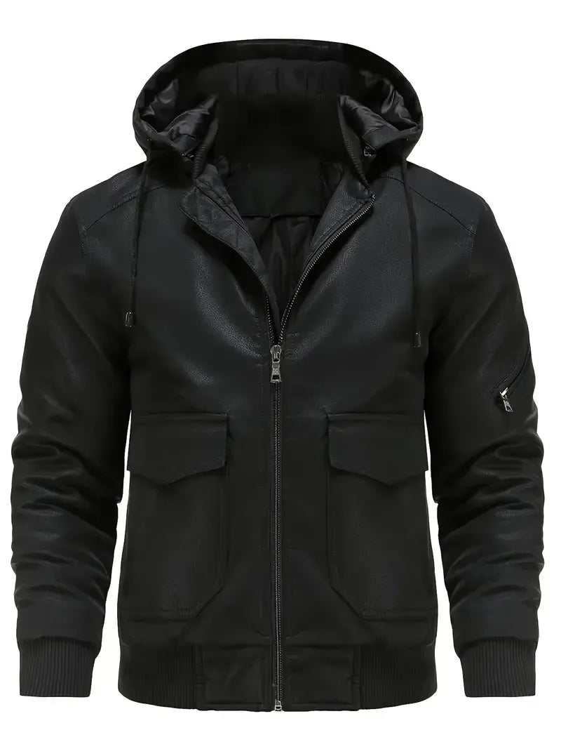 🧥 Premium Men's Hooded Leather Bomber Jacket