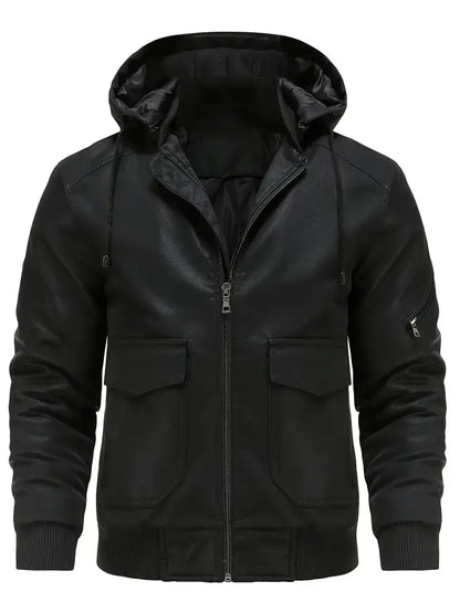 🧥 Premium Men's Hooded Leather Bomber Jacket