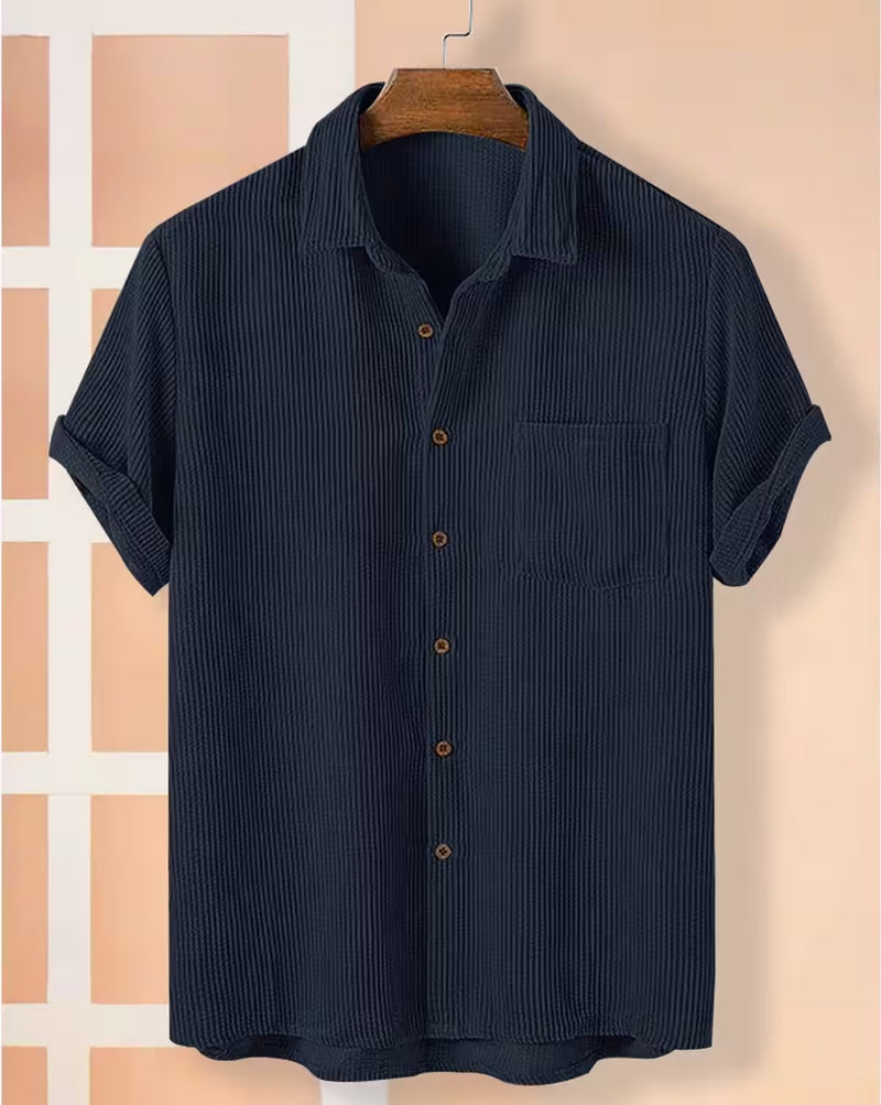 Weartox Men's Premium Navy Blue Textured Casual Half Sleeve Shirt