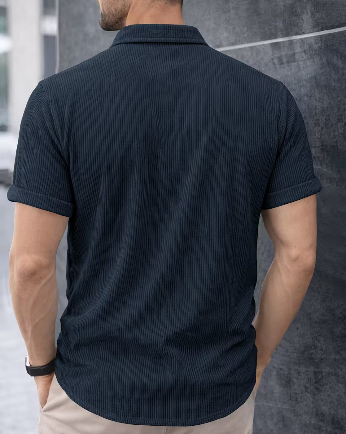 Weartox Men's Premium Navy Blue Textured Casual Half Sleeve Shirt